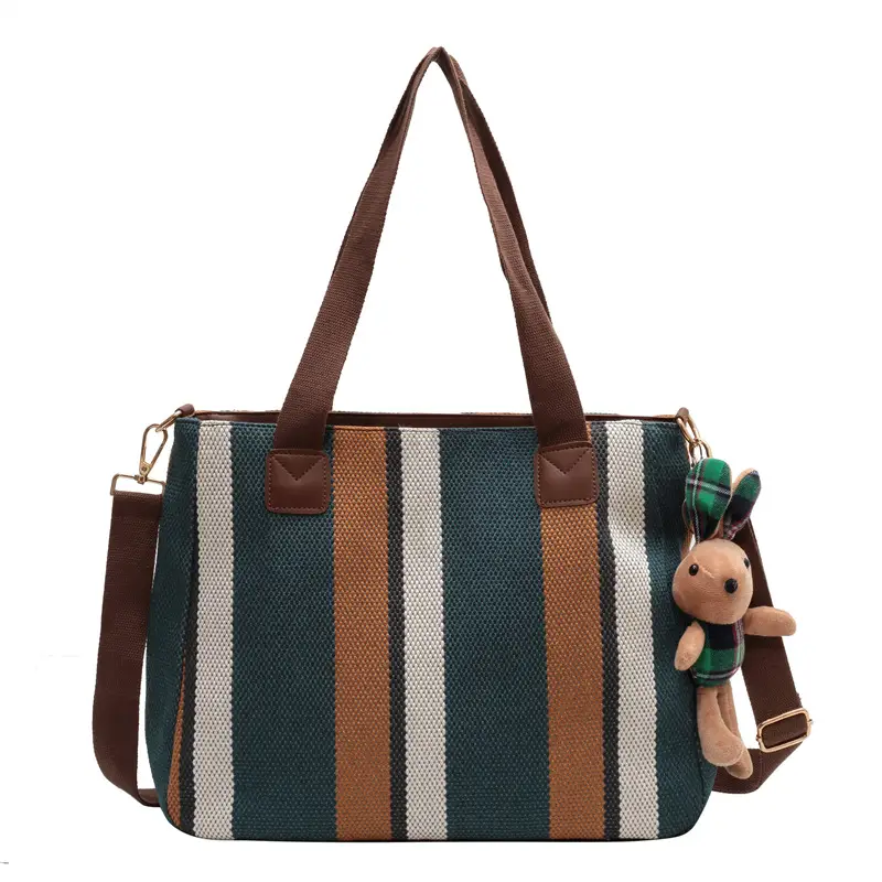 Large Women's Bag 2026 New Fashion Striped Canvas Bag Commuter Tote Bag Trendy Shoulder Crossbody Mommy Bag - Image 11