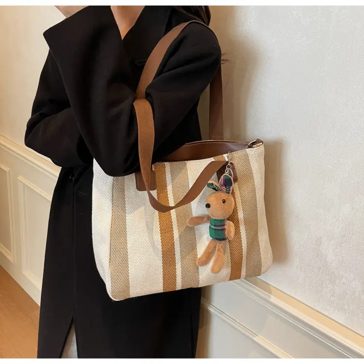 Large Women's Bag 2026 New Fashion Striped Canvas Bag Commuter Tote Bag Trendy Shoulder Crossbody Mommy Bag — feature 15