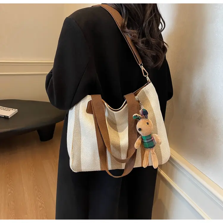 Large Women's Bag 2026 New Fashion Striped Canvas Bag Commuter Tote Bag Trendy Shoulder Crossbody Mommy Bag — feature 16