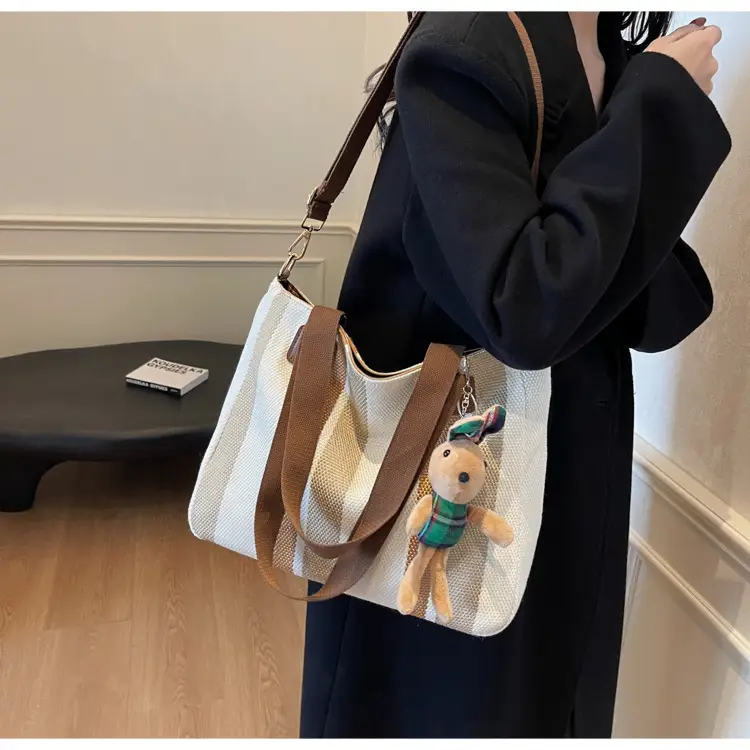 Large Women's Bag 2026 New Fashion Striped Canvas Bag Commuter Tote Bag Trendy Shoulder Crossbody Mommy Bag — feature 17