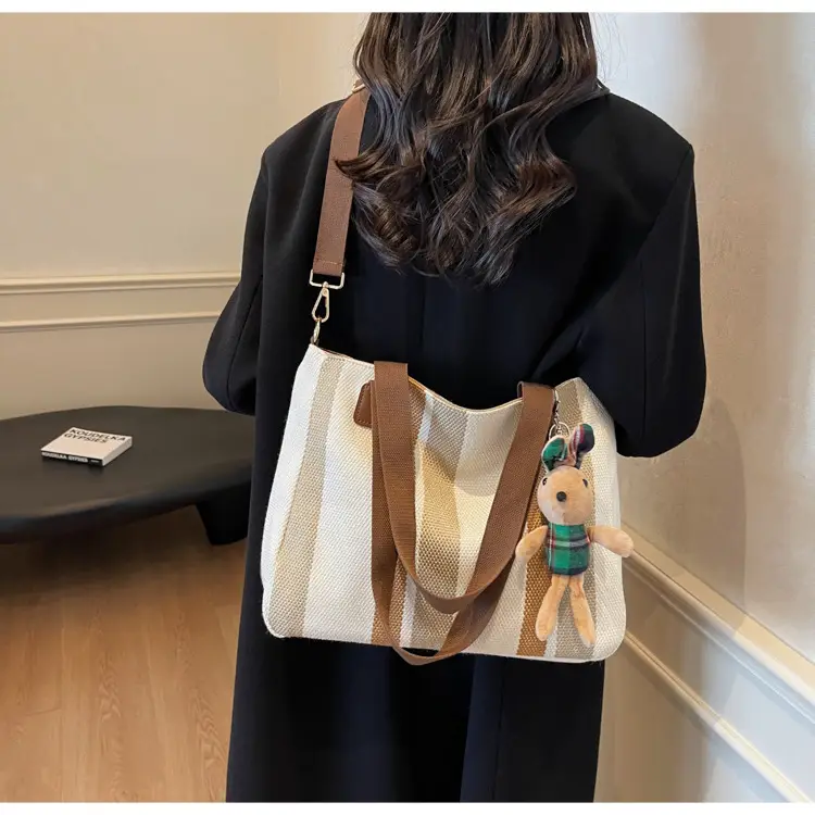 Large Women's Bag 2026 New Fashion Striped Canvas Bag Commuter Tote Bag Trendy Shoulder Crossbody Mommy Bag — feature 18