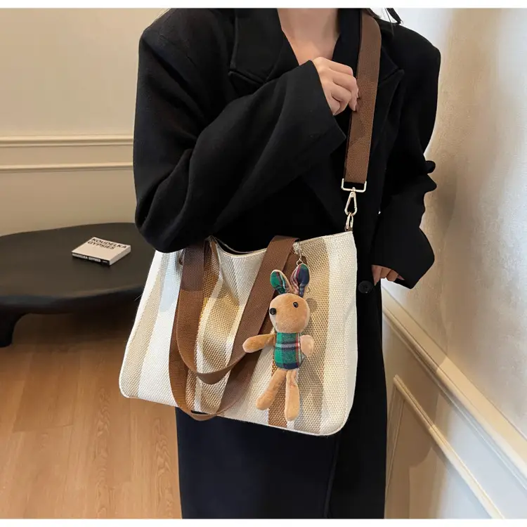 Large Women's Bag 2026 New Fashion Striped Canvas Bag Commuter Tote Bag Trendy Shoulder Crossbody Mommy Bag — feature 19