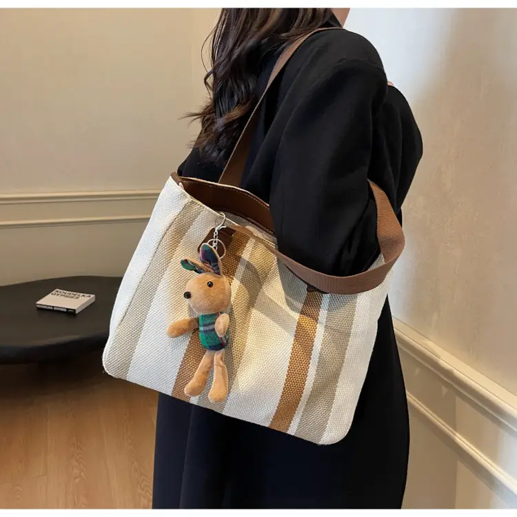 Large Women's Bag 2026 New Fashion Striped Canvas Bag Commuter Tote Bag Trendy Shoulder Crossbody Mommy Bag — feature 2