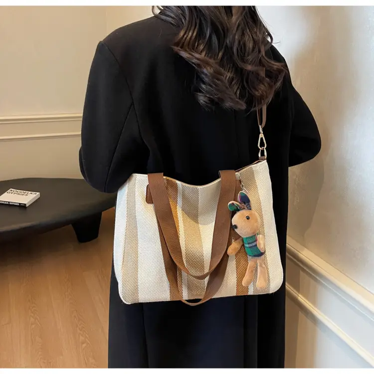 Large Women's Bag 2026 New Fashion Striped Canvas Bag Commuter Tote Bag Trendy Shoulder Crossbody Mommy Bag — feature 20