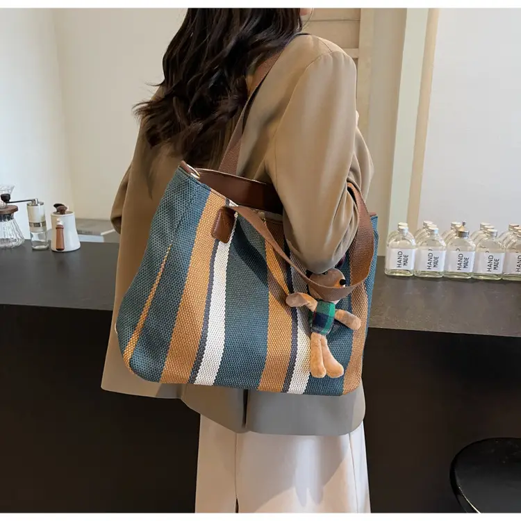 Large Women's Bag 2026 New Fashion Striped Canvas Bag Commuter Tote Bag Trendy Shoulder Crossbody Mommy Bag — feature 21