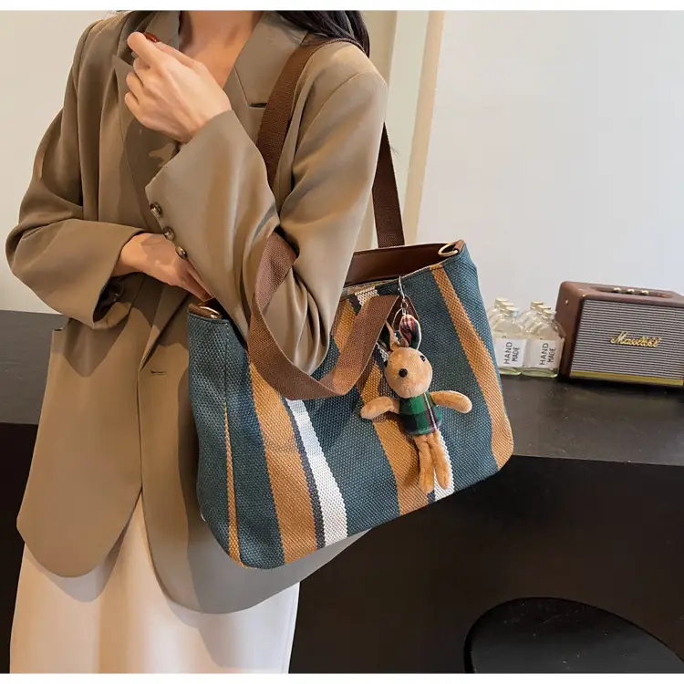 Large Women's Bag 2026 New Fashion Striped Canvas Bag Commuter Tote Bag Trendy Shoulder Crossbody Mommy Bag — feature 22