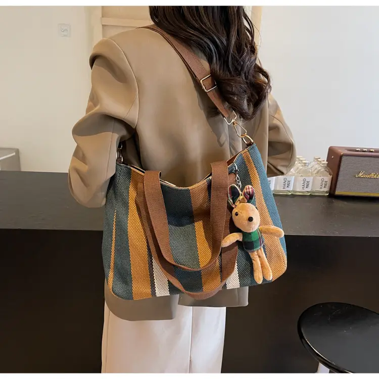 Large Women's Bag 2026 New Fashion Striped Canvas Bag Commuter Tote Bag Trendy Shoulder Crossbody Mommy Bag — feature 23