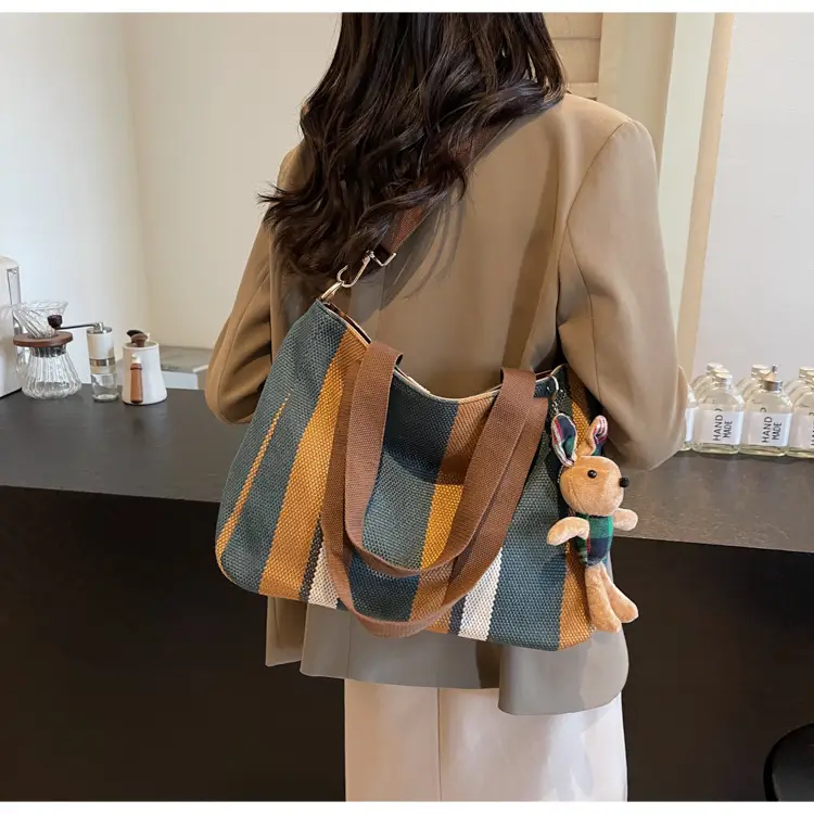 Large Women's Bag 2026 New Fashion Striped Canvas Bag Commuter Tote Bag Trendy Shoulder Crossbody Mommy Bag — feature 24
