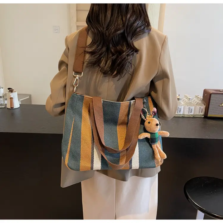 Large Women's Bag 2026 New Fashion Striped Canvas Bag Commuter Tote Bag Trendy Shoulder Crossbody Mommy Bag — feature 25