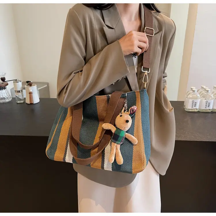 Large Women's Bag 2026 New Fashion Striped Canvas Bag Commuter Tote Bag Trendy Shoulder Crossbody Mommy Bag — feature 26