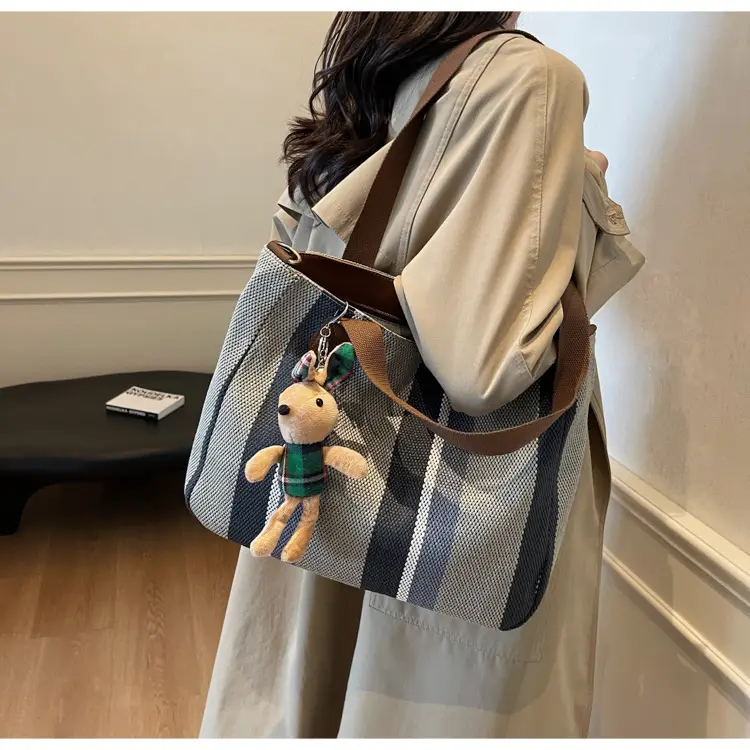 Large Women's Bag 2026 New Fashion Striped Canvas Bag Commuter Tote Bag Trendy Shoulder Crossbody Mommy Bag — feature 27