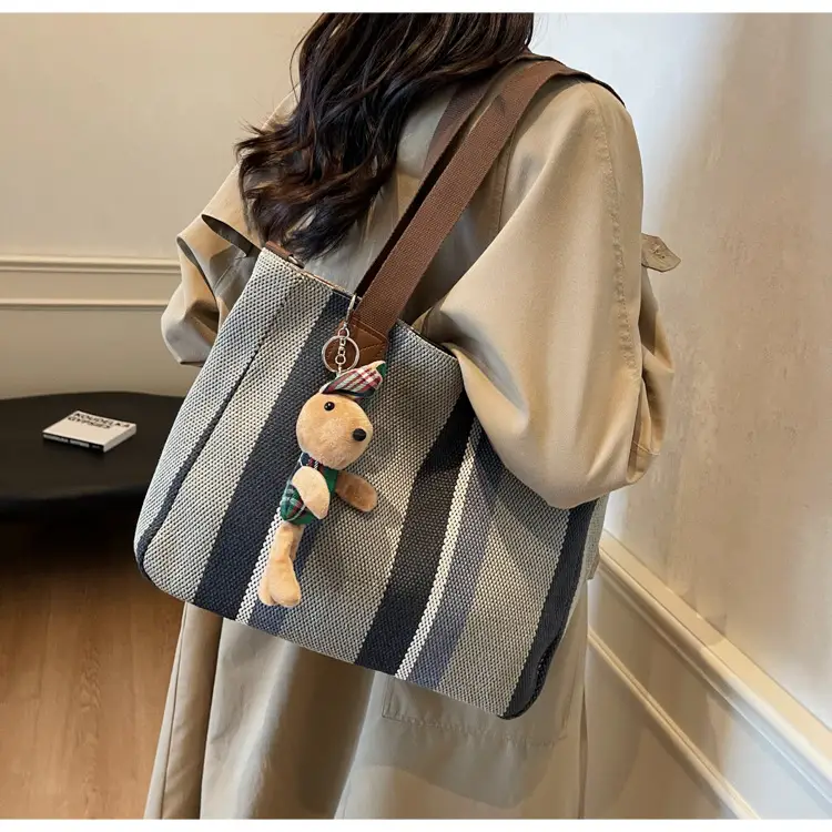 Large Women's Bag 2026 New Fashion Striped Canvas Bag Commuter Tote Bag Trendy Shoulder Crossbody Mommy Bag — feature 28