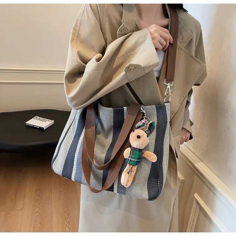 Large Women's Bag 2026 New Fashion Striped Canvas Bag Commuter Tote Bag Trendy Shoulder Crossbody Mommy Bag — feature 29
