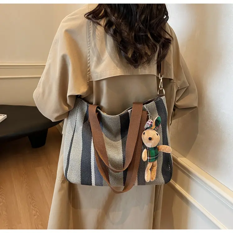 Large Women's Bag 2026 New Fashion Striped Canvas Bag Commuter Tote Bag Trendy Shoulder Crossbody Mommy Bag — feature 30