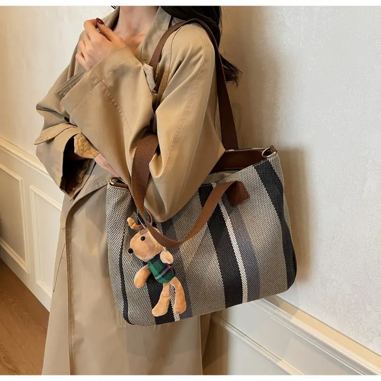 Large Women's Bag 2026 New Fashion Striped Canvas Bag Commuter Tote Bag Trendy Shoulder Crossbody Mommy Bag — feature 32
