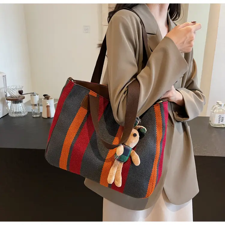 Large Women's Bag 2026 New Fashion Striped Canvas Bag Commuter Tote Bag Trendy Shoulder Crossbody Mommy Bag — feature 33