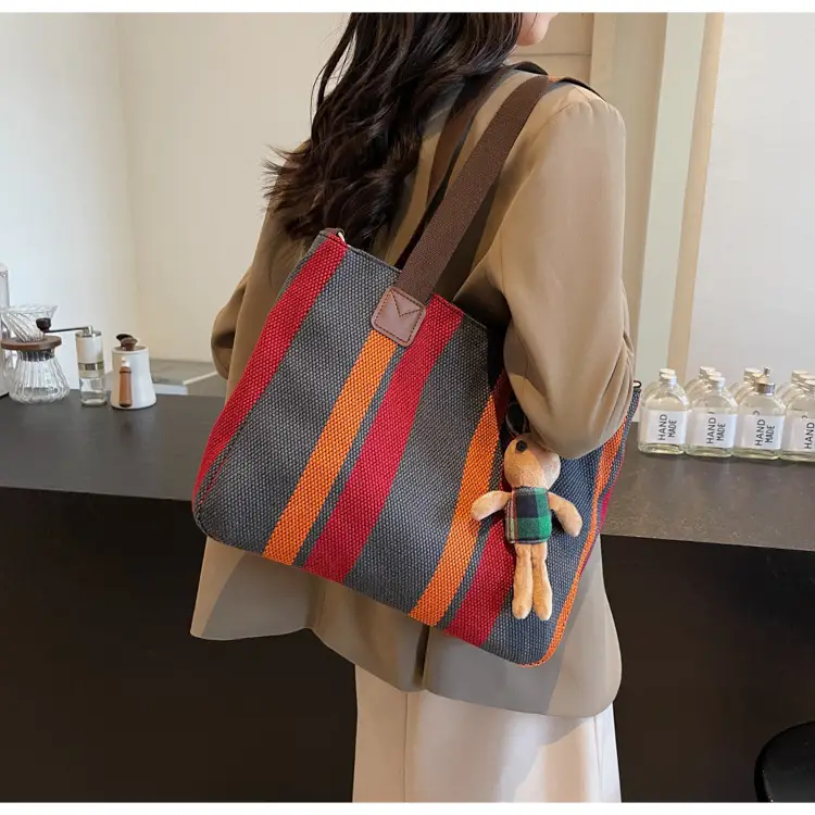 Large Women's Bag 2026 New Fashion Striped Canvas Bag Commuter Tote Bag Trendy Shoulder Crossbody Mommy Bag — feature 34