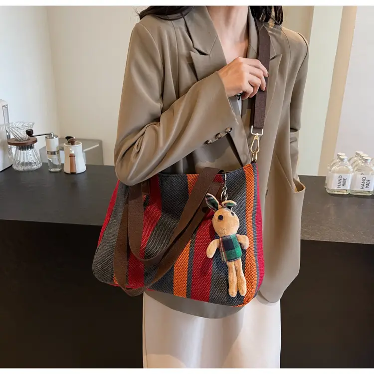 Large Women's Bag 2026 New Fashion Striped Canvas Bag Commuter Tote Bag Trendy Shoulder Crossbody Mommy Bag — feature 35