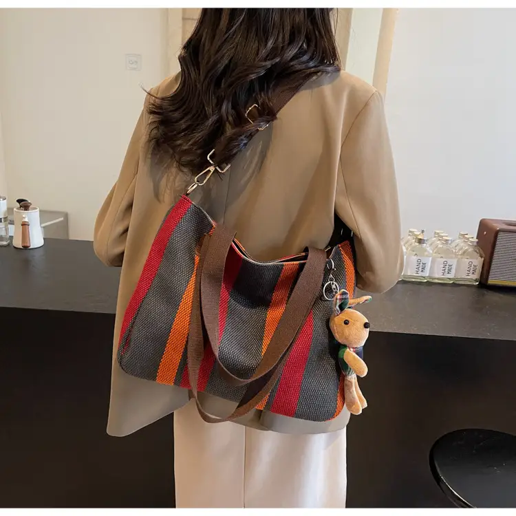 Large Women's Bag 2026 New Fashion Striped Canvas Bag Commuter Tote Bag Trendy Shoulder Crossbody Mommy Bag — feature 36