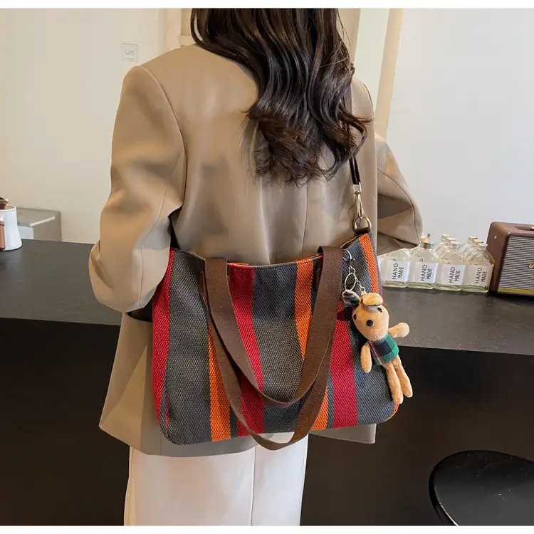 Large Women's Bag 2026 New Fashion Striped Canvas Bag Commuter Tote Bag Trendy Shoulder Crossbody Mommy Bag — feature 37
