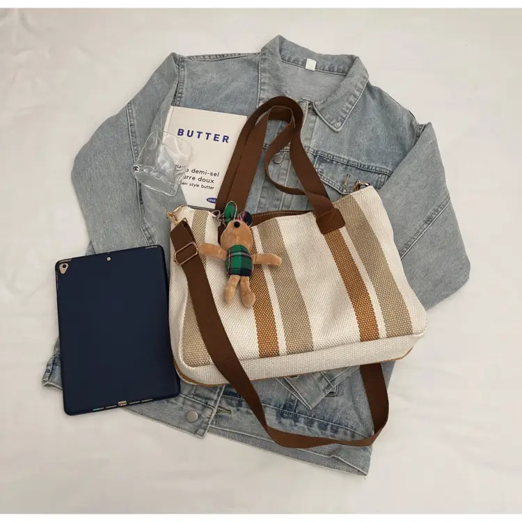 Large Women's Bag 2026 New Fashion Striped Canvas Bag Commuter Tote Bag Trendy Shoulder Crossbody Mommy Bag — feature 4