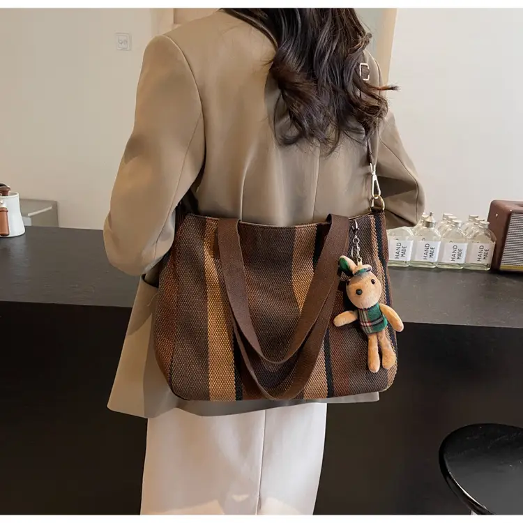 Large Women's Bag 2026 New Fashion Striped Canvas Bag Commuter Tote Bag Trendy Shoulder Crossbody Mommy Bag — feature 40