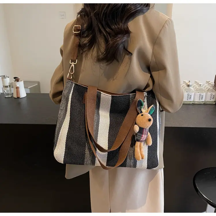 Large Women's Bag 2026 New Fashion Striped Canvas Bag Commuter Tote Bag Trendy Shoulder Crossbody Mommy Bag — feature 42