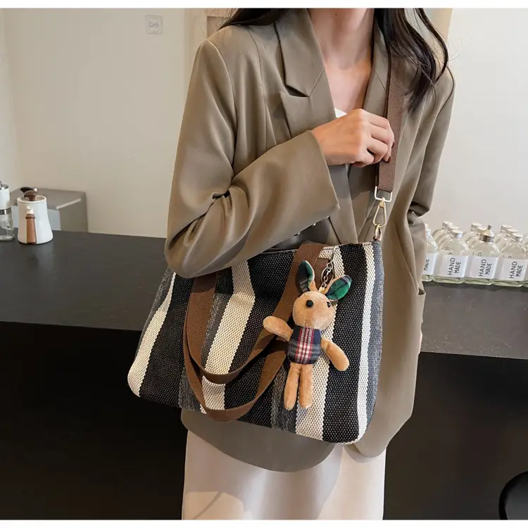 Large Women's Bag 2026 New Fashion Striped Canvas Bag Commuter Tote Bag Trendy Shoulder Crossbody Mommy Bag — feature 43