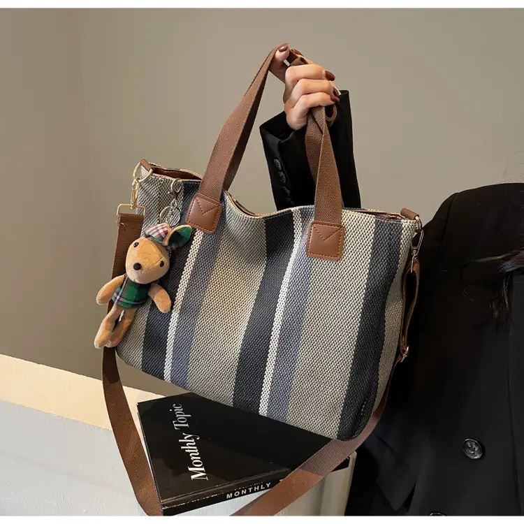 Large Women's Bag 2026 New Fashion Striped Canvas Bag Commuter Tote Bag Trendy Shoulder Crossbody Mommy Bag — feature 45
