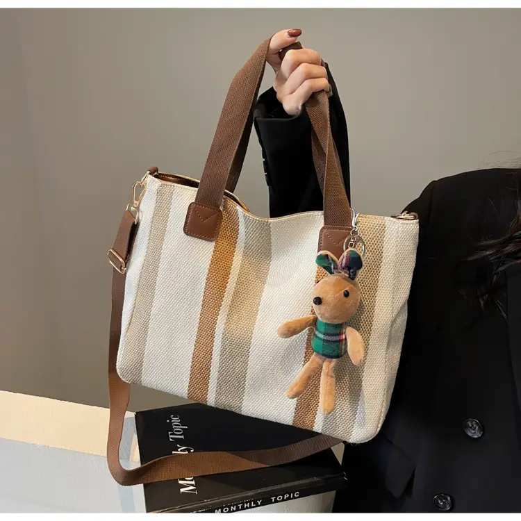 Large Women's Bag 2026 New Fashion Striped Canvas Bag Commuter Tote Bag Trendy Shoulder Crossbody Mommy Bag — feature 46
