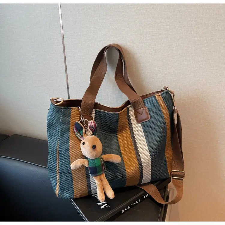 Large Women's Bag 2026 New Fashion Striped Canvas Bag Commuter Tote Bag Trendy Shoulder Crossbody Mommy Bag — feature 48