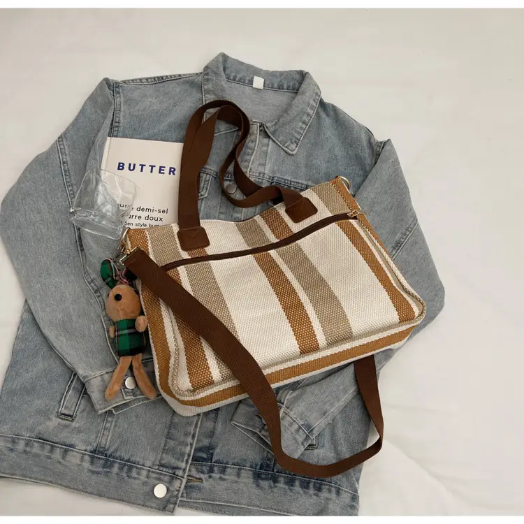 Large Women's Bag 2026 New Fashion Striped Canvas Bag Commuter Tote Bag Trendy Shoulder Crossbody Mommy Bag — feature 5