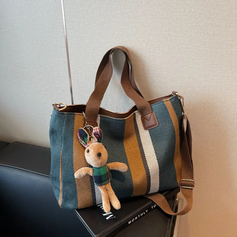 Large Women's Bag 2026 New Fashion Striped Canvas Bag Commuter Tote Bag Trendy Shoulder Crossbody Mommy Bag - Image 2