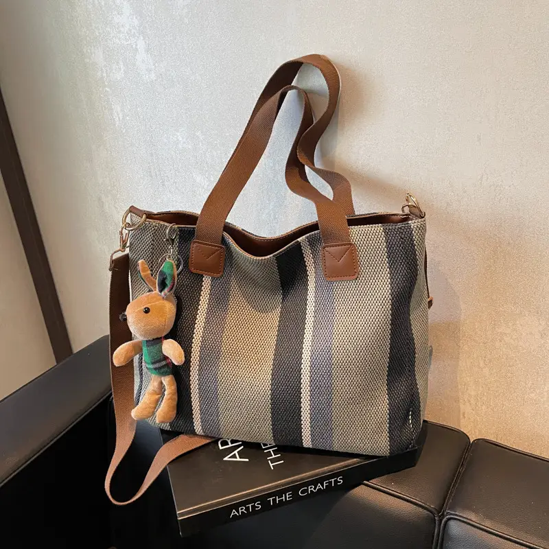 Large Women's Bag 2026 New Fashion Striped Canvas Bag Commuter Tote Bag Trendy Shoulder Crossbody Mommy Bag - Image 4