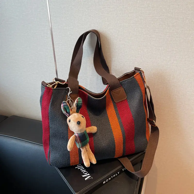 Large Women's Bag 2026 New Fashion Striped Canvas Bag Commuter Tote Bag Trendy Shoulder Crossbody Mommy Bag - Image 5