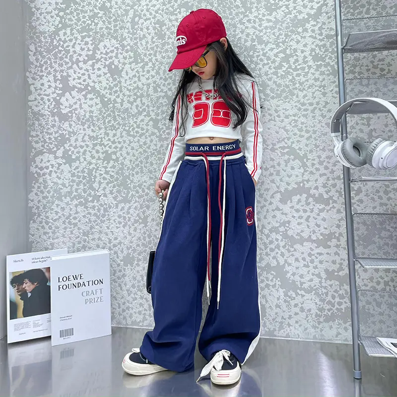 Girls Wide Leg Pants High Waist Navel Band Red Drawstring Set - Image 8