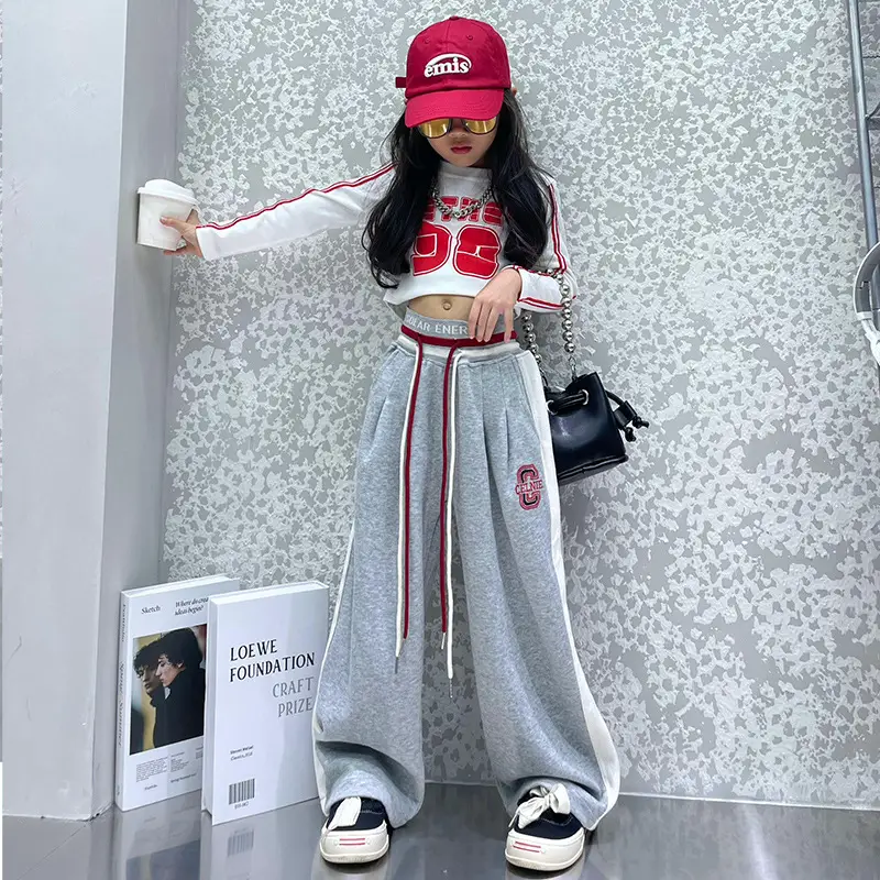 Girls Wide Leg Pants High Waist Navel Band Red Drawstring Set - Image 9