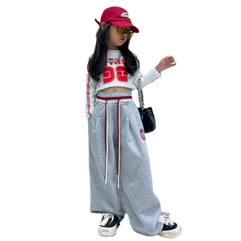 Girls Wide Leg Pants High Waist Navel Band Red Drawstring Set - Image 11