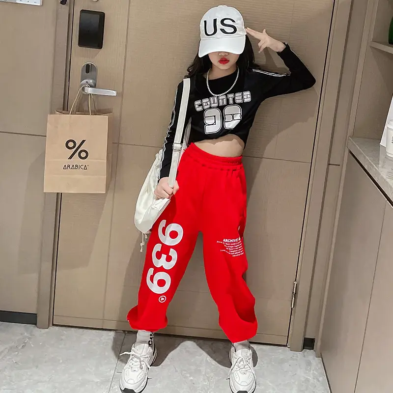 Girls Wide Leg Pants High Waist Navel Band Red Drawstring Set - Image 2