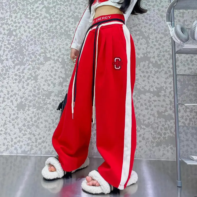 Girls Wide Leg Pants High Waist Navel Band Red Drawstring Set - Image 3