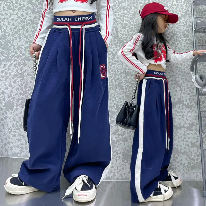 Girls Wide Leg Pants High Waist Navel Band Red Drawstring Set - Image 4