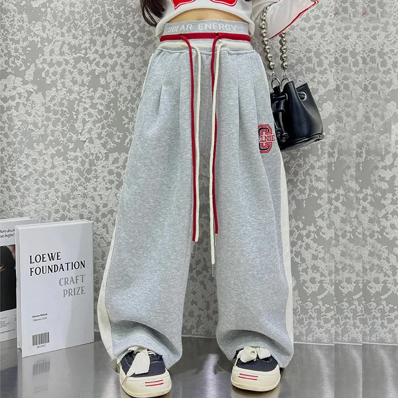 Girls Wide Leg Pants High Waist Navel Band Red Drawstring Set - Image 5
