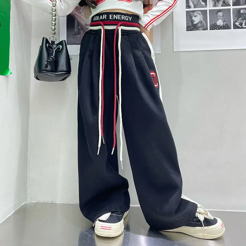 Girls Wide Leg Pants High Waist Navel Band Red Drawstring Set - Image 6