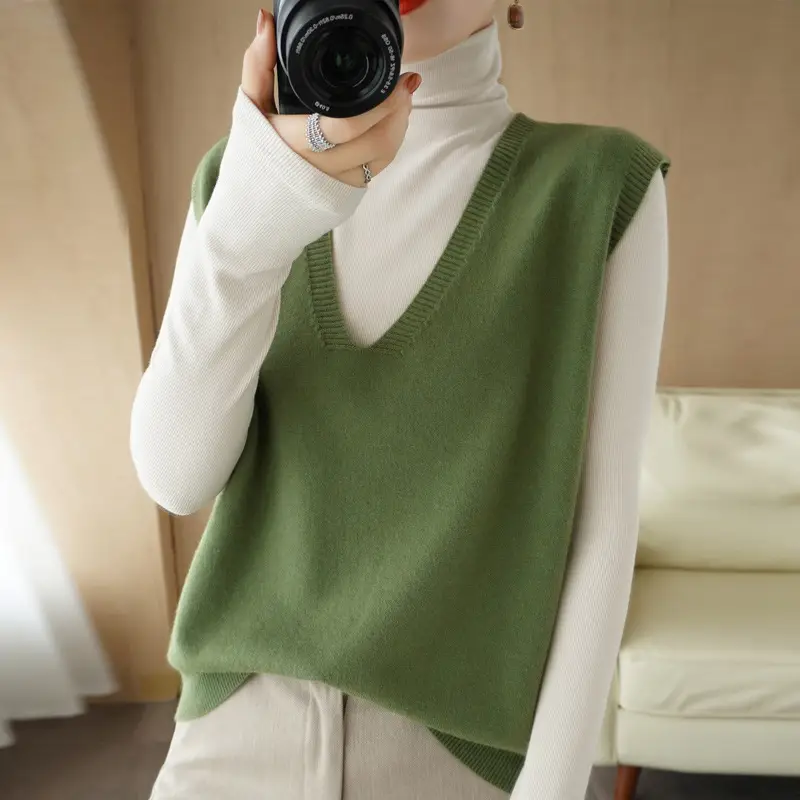 Women V-Neck Sleeveless Knitted Vest Blue White
