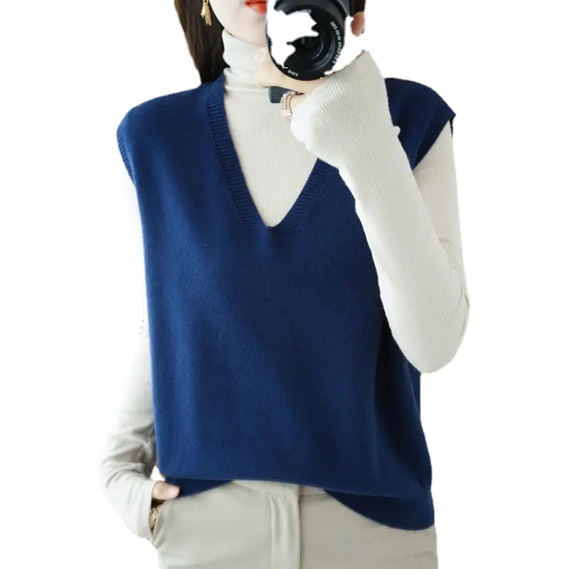 Women V-Neck Sleeveless Knitted Vest Blue White