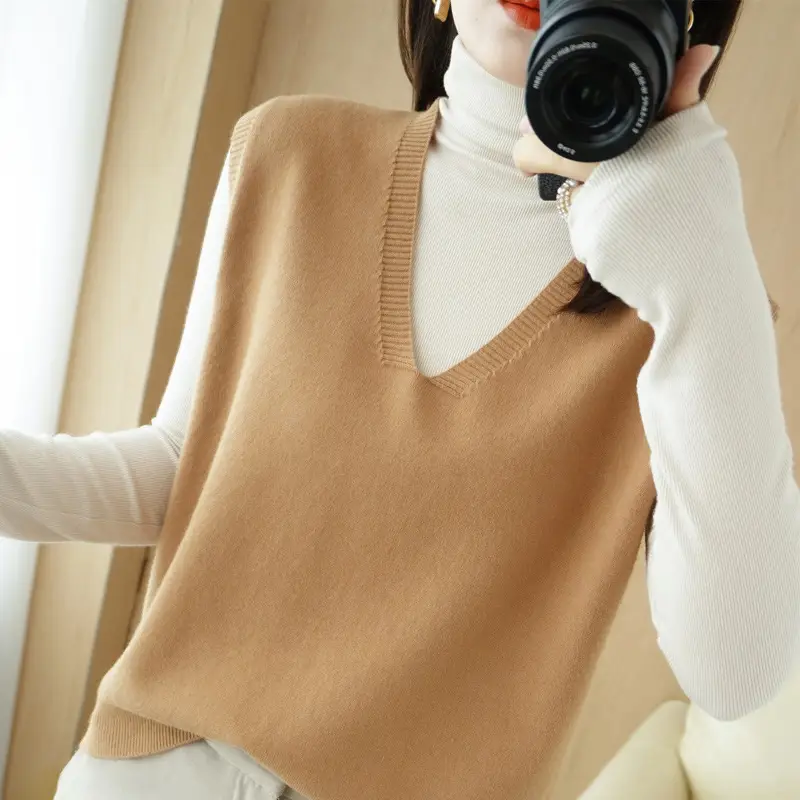 Women V-Neck Sleeveless Knitted Vest Blue White