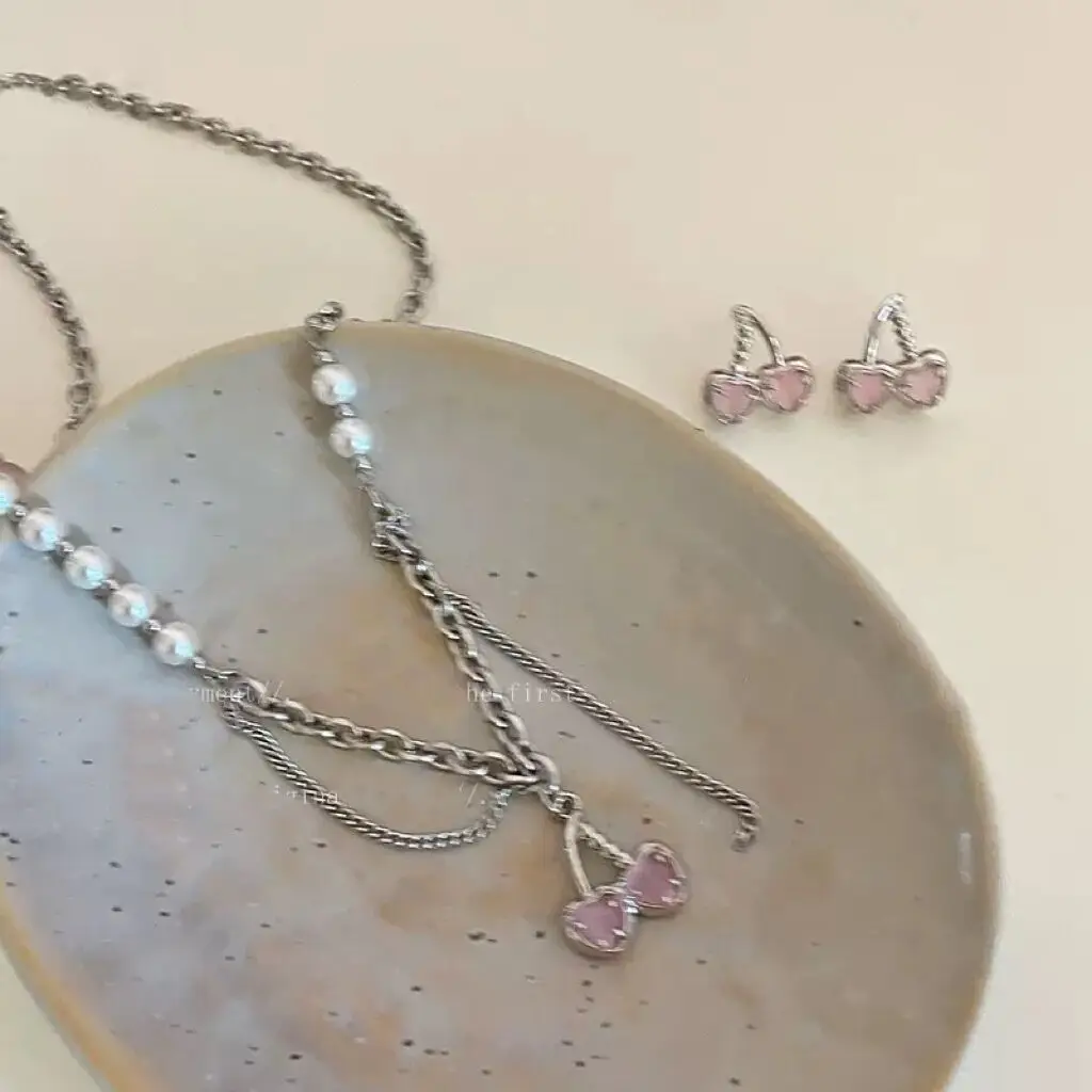 Pearl Chain Necklace with Cherry Earrings for Women - Image 3