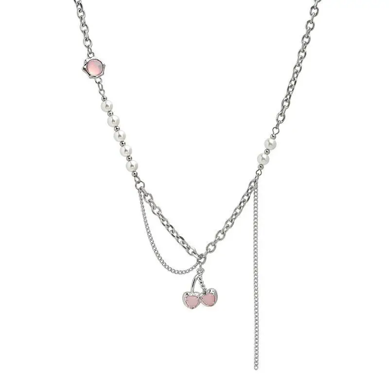 Pearl Chain Necklace with Cherry Earrings for Women - Image 6
