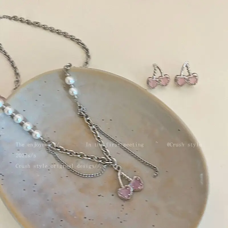 Pearl Chain Necklace with Cherry Earrings for Women — feature 7