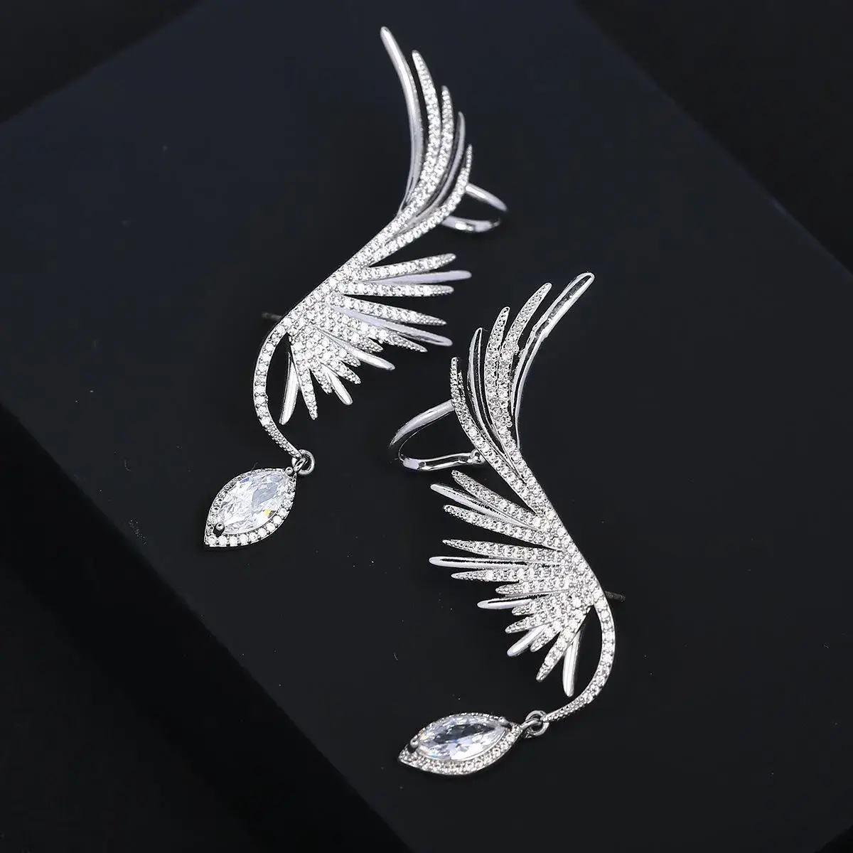 Water Drop Earrings Super Fairy Feather Net Red Women's Earrings s925 Silver Needle Angel Wings Personalized Ear Bone Clip Micro-inlaid Zircon - Image 2